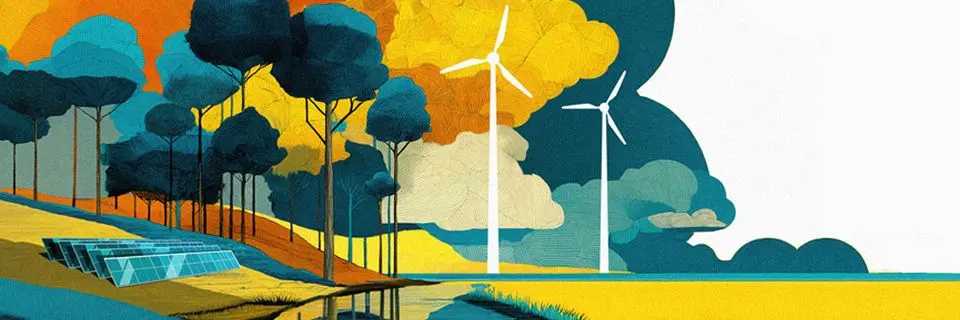 Wind mill and solar panels on the edge of a forested area