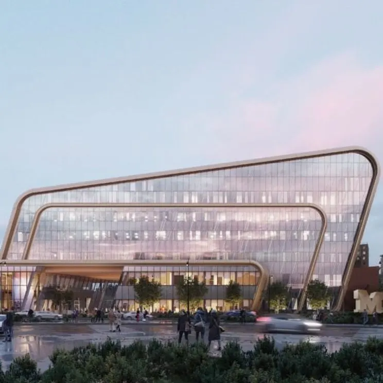 A rendering of the glass exterior of the new UMCI building