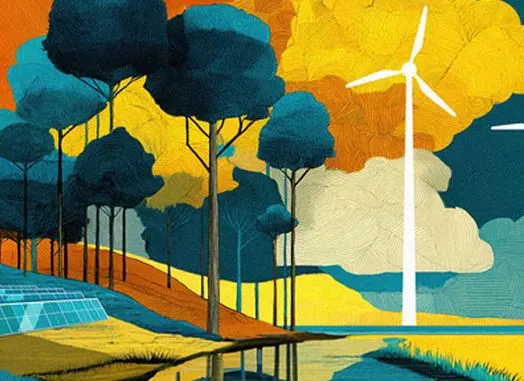 Wind mill and solar panels on the edge of a forested area